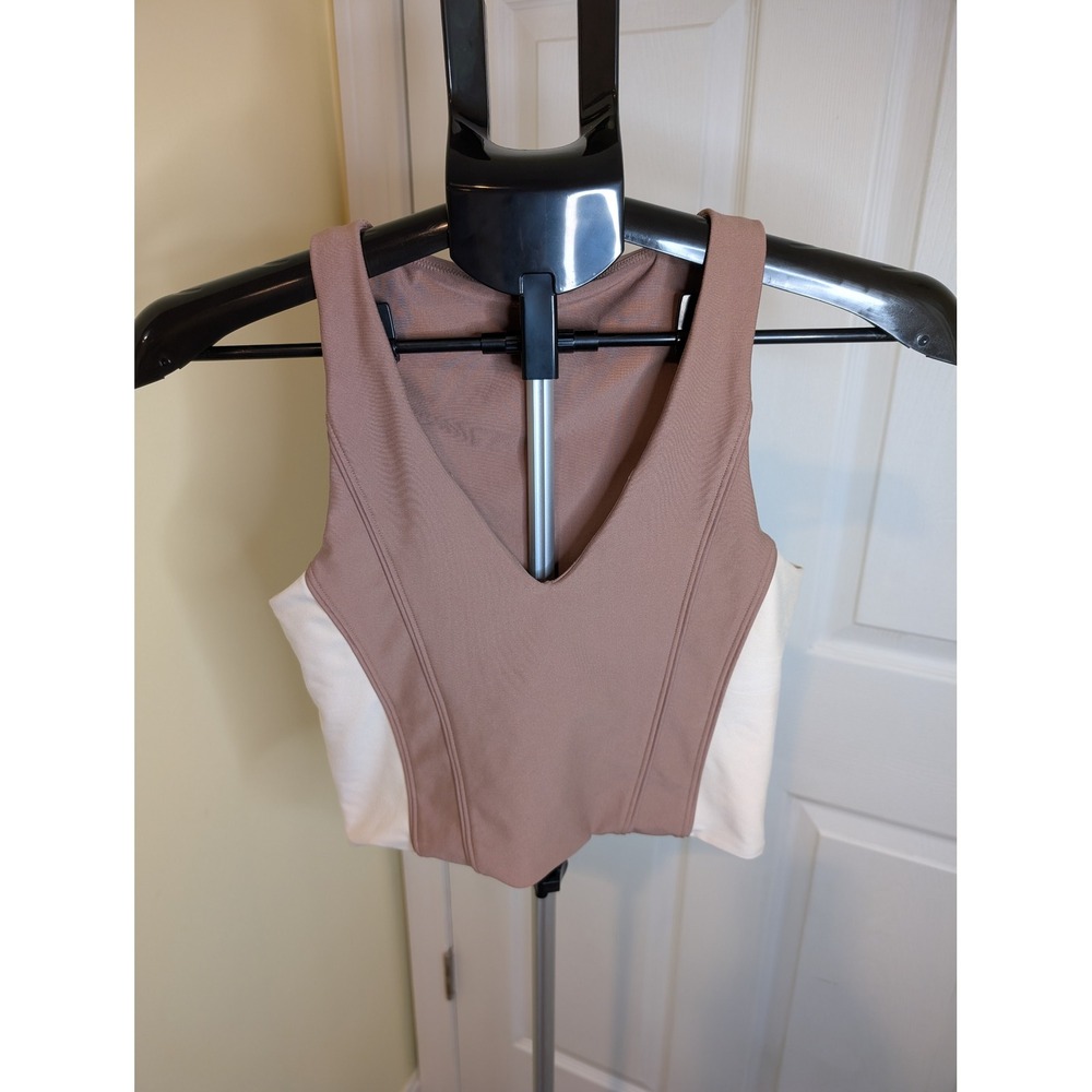 YPB Abercrombie Sculptlux Plunge Henley Slim Crop Brown Cream V-Neck - Size M